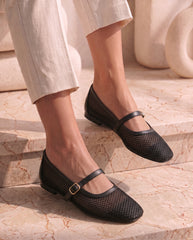 Black Breathable Mesh Buckle Flats
