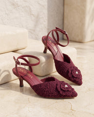 Maroon Rosette Pointed-Toe Slingbacks