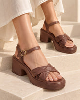 Brown Criss-Cross Block Heel Wedges