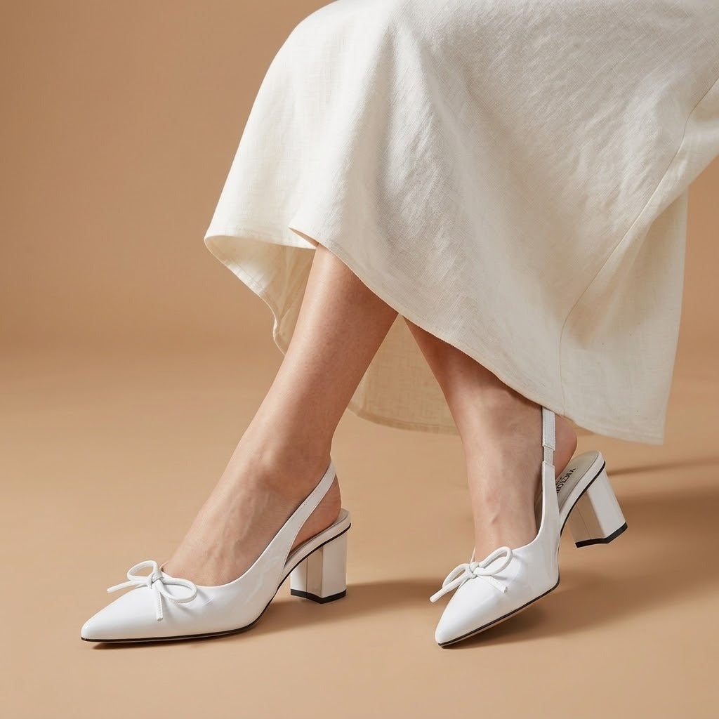Victoria White Bow Slingback Heels