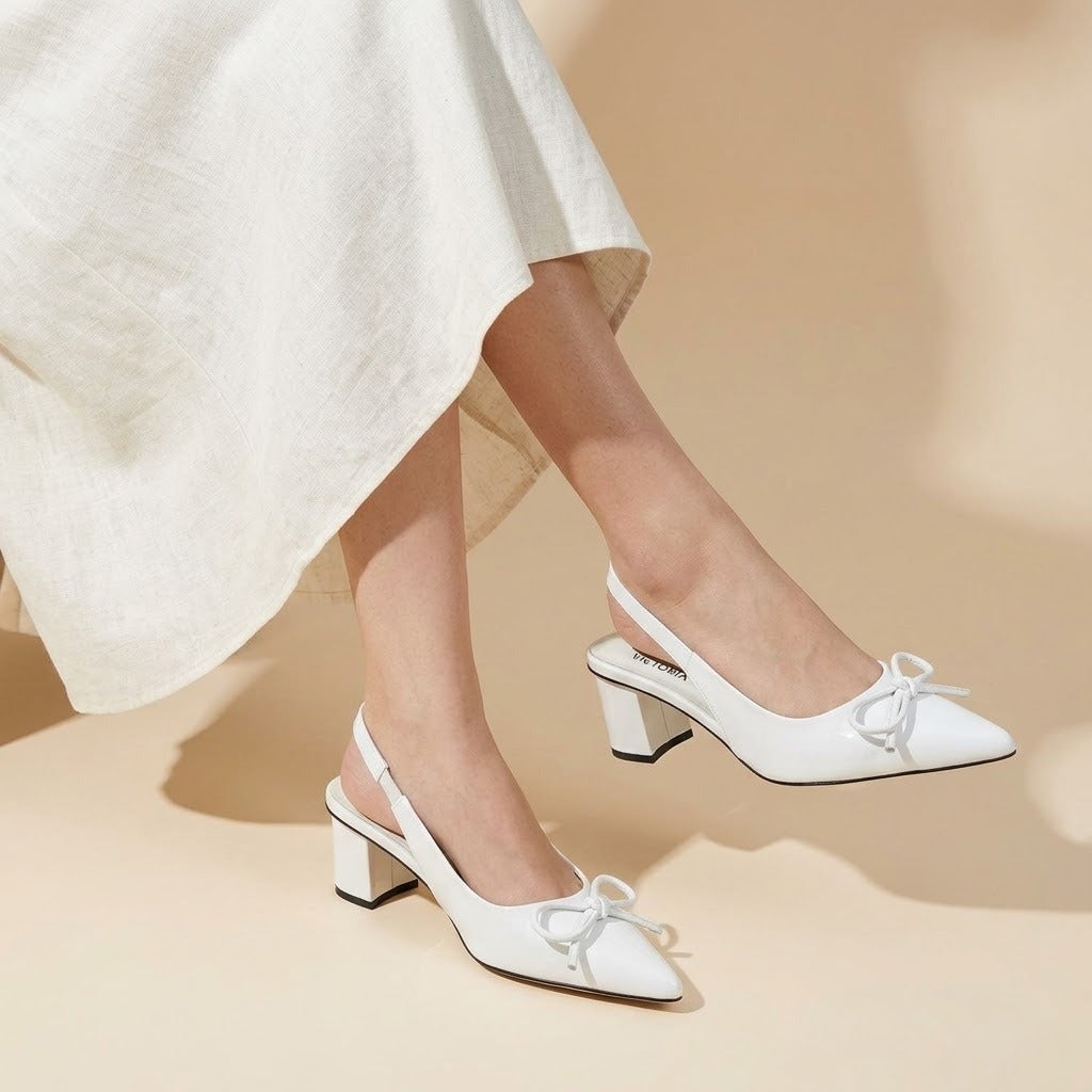Victoria White Bow Slingback Heels