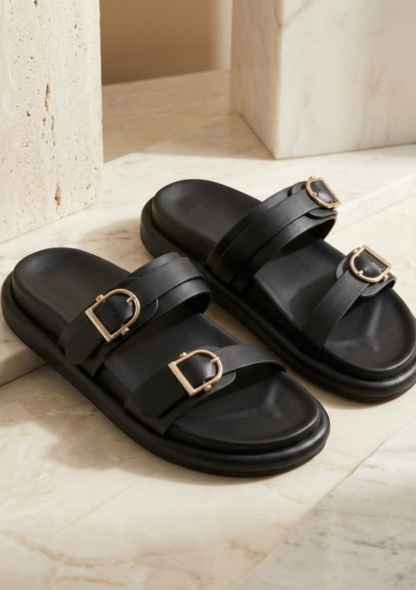 Black Comfort Double-Strap Slides