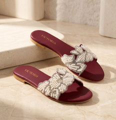 Maroon Celeste Pearl Embellished Slides