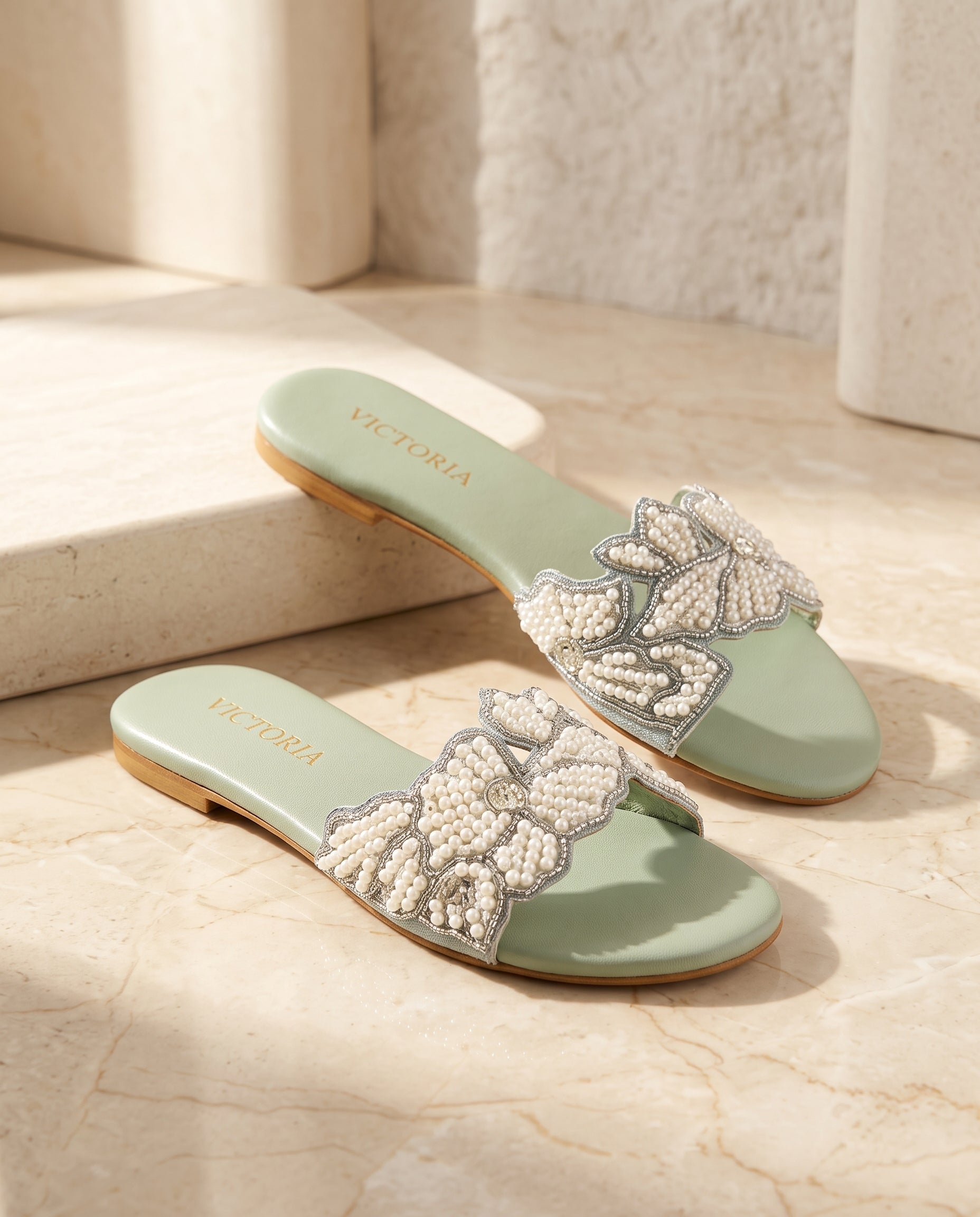 Mint Celeste Pearl Embellished Slides