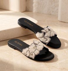 Black Celeste Pearl Embellished Slides