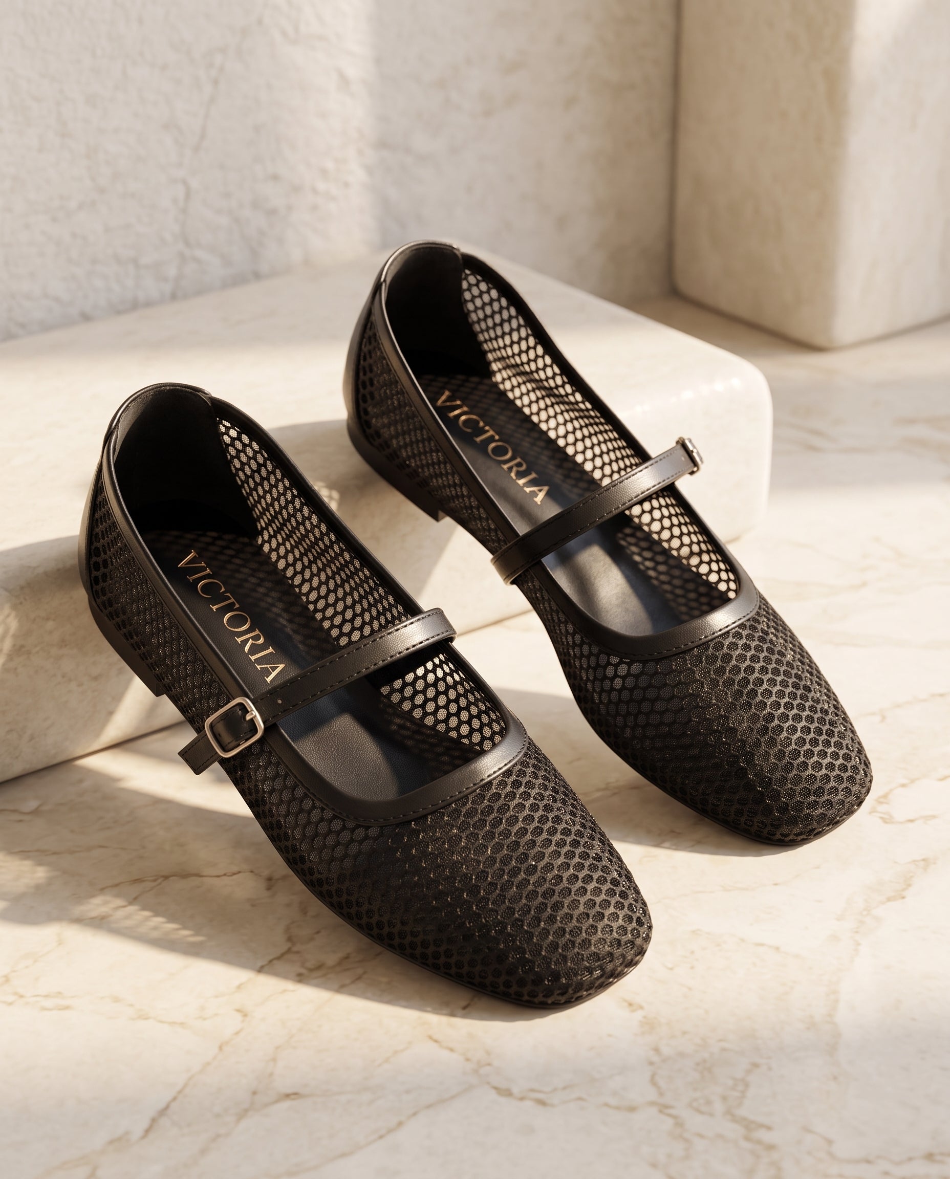 Black Breathable Mesh Buckle Flats