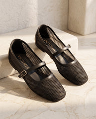 Black Breathable Mesh Buckle Flats