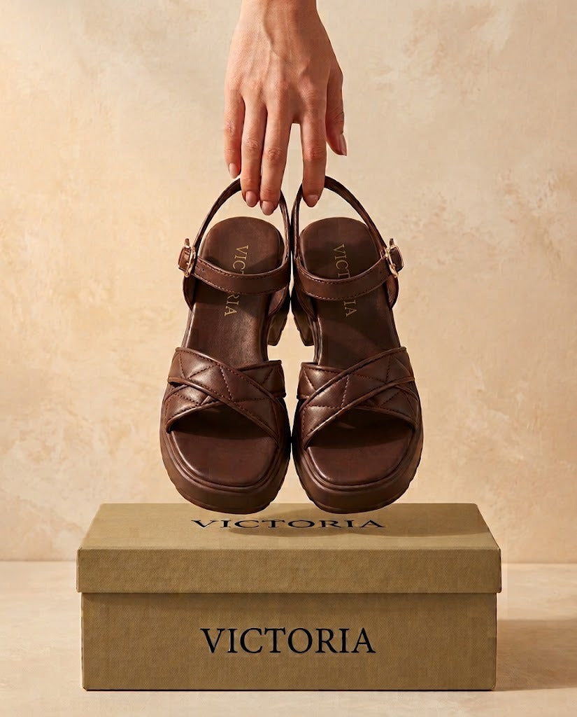 Brown Criss-Cross Block Heel Wedges